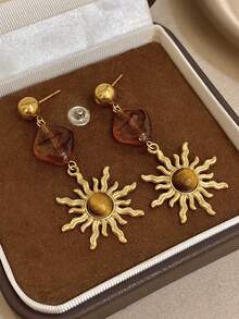 1Pair Vintage Sun And Flower Dangle Earrings Golden Dangle Earrings For Women Stainless Steel Earrings For Christmas Birthday Daily Party Jewelry Gift - Multicolor - View 3