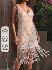 Đầm không tay cổ chữ V phối ren hoa phong cách Bohemian, thích hợp cho kỳ nghỉ, đi biển, mặc hàng ngày, phù hợp cho lễ Phục sinh và lễ hội âm nhạc Coachella. - Màu be - Xem 3