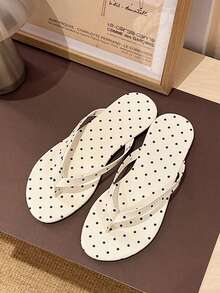 Women's Flip Flops, Non-Slip Soft Bottom Polka Dot Print Solid Color Open Toe Thong Sandals, European And American Resort Style, Suitable For Summer Beach, Walking, Commuting, Daily Wear, White Base With Black Dots - Black - View 3
