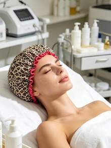 Mũ tắm chống thấm nước họa tiết da báo - Có thể tái sử dụng, mũ tắm màu hồng co giãn có bèo nhún phù hợp với mọi kiểu tóc, thời trang cho tắm, spa, phòng tập thể dục và sử dụng hàng ngày, unisex - A - Xem 5