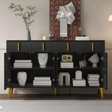 Sideboard With Gold Handles And Legs, 4 Doors, 4 Drawers, With Removable Laminate, Suitable For Living And Dining Rooms, 140*38*82 Cm. - 黑色 - 查看 5