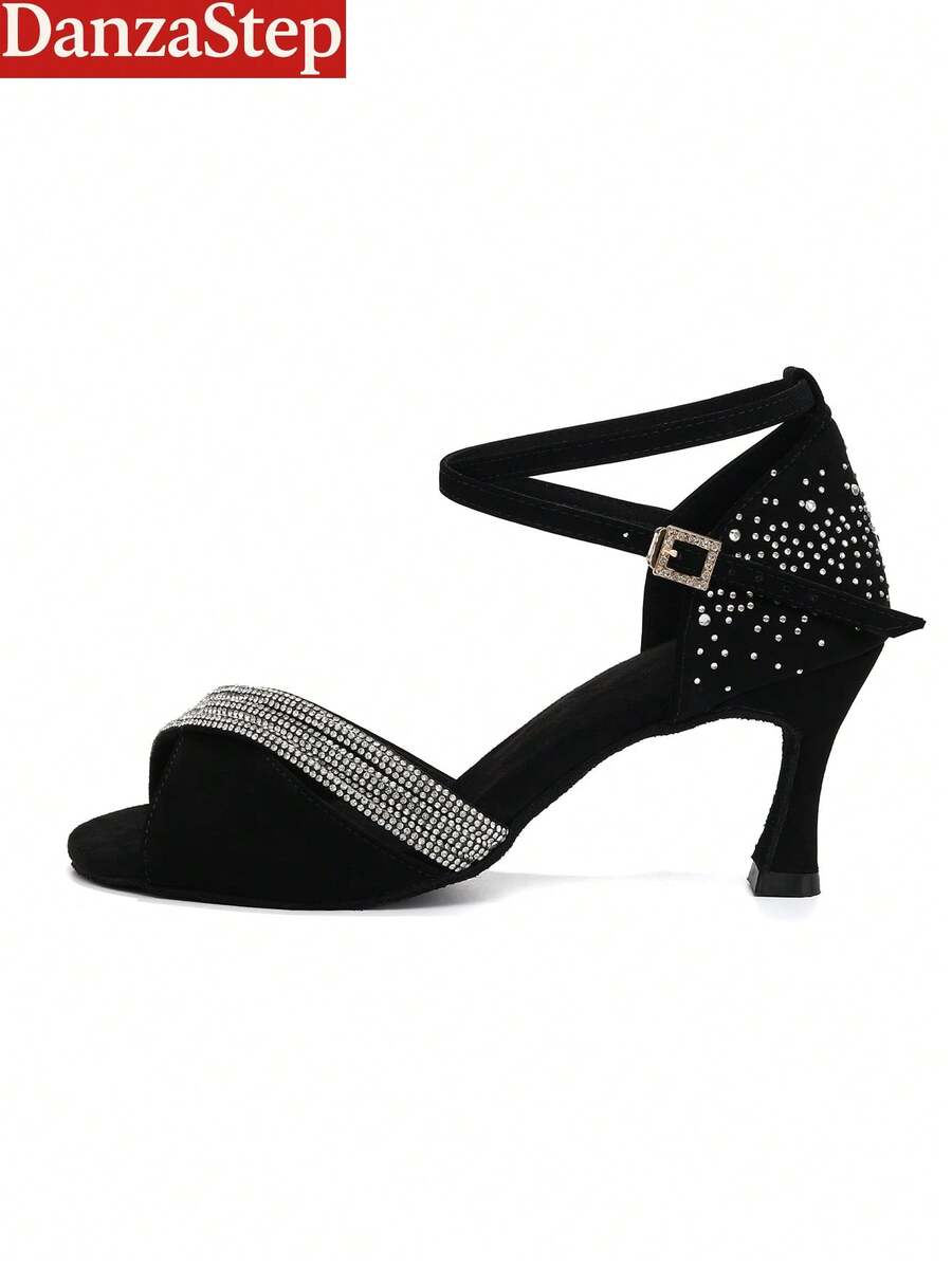 Giày khiêu vũ Latin Black Diamond dành cho nữ, đế da lộn, gót cao, kiểu sandal khiêu vũ ballroom với quai đeo mắt cá chân có thể điều chỉnh. - màu đen - Xem 1