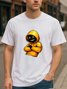 Men's T-Shirt With Yellow Cap And  Face, Summer Urban Fashion T-Shirt, Casual Short Sleeve T-Shirt, Round Neck Top, Comfortable And Breathable Casual Sports Top. - 白色 - 查看 5