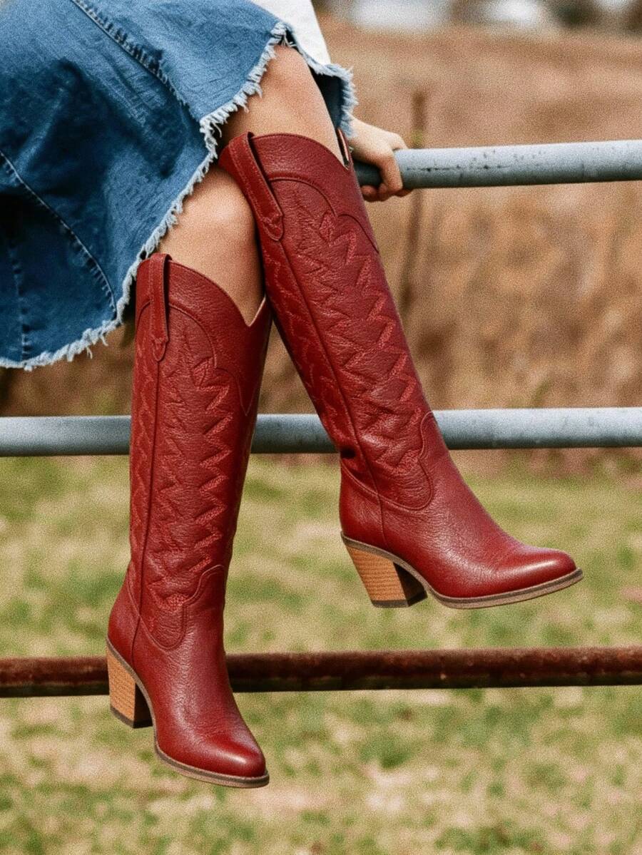 Womens Jaripeo Long Boots For Women Comfortable Retro On Pointed Toe Wide Calf Long Tall Chunky Heel Embroidered Boots Country Concert Festival Shoes - 紅色 - 查看 1