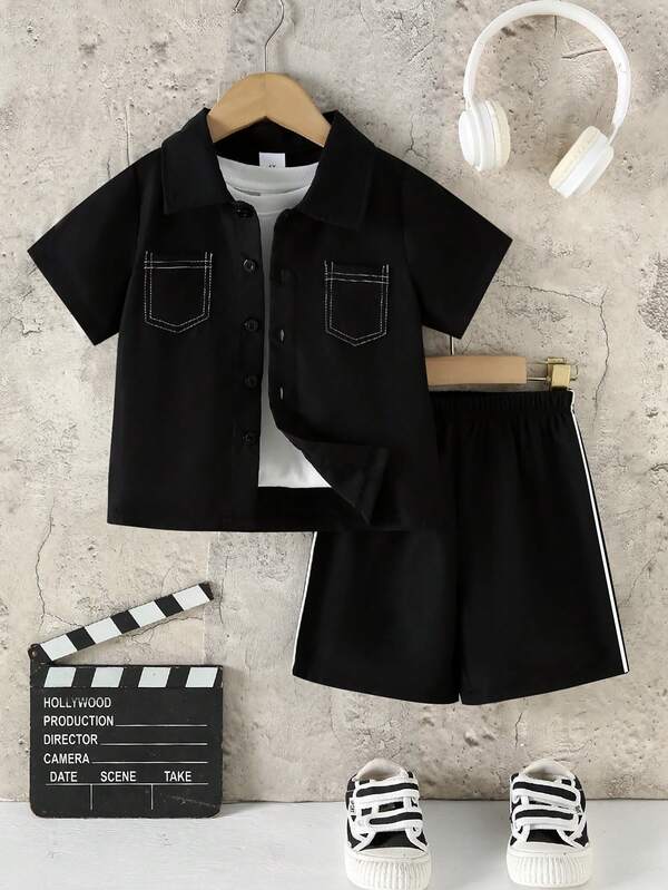 2pcs/Set Boys' Summer Letter Print Casual Solid Color Short Sleeve Shirt + Solid Color Shorts With Woven Trim