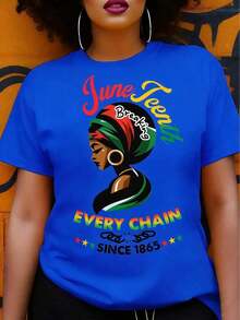 Camiseta Gráfica de Juneteenth para Mujer - Diseño "Rompamos Cada Cadena Desde 1865", Estampado Geométrico Vibrante, Manga Corta, 100% Algodón, Corte Regular para Primavera, Verano y Uso Durante Todo el Año - Regalo Ideal de Juneteenth para Amigas y Familiares, Camisetas para Mujer de Corte Holgado, Estilo Urbano, Unisex, para Primavera/Verano/Otoño, Atuendo para el Día de San Valentín, Camisetas Elegantes para Mujer - Camiseta Vintage de Estilo Urbano Unisex, de Algodón, Manga Corta y Cuello Redondo. - Azul - Ver 1