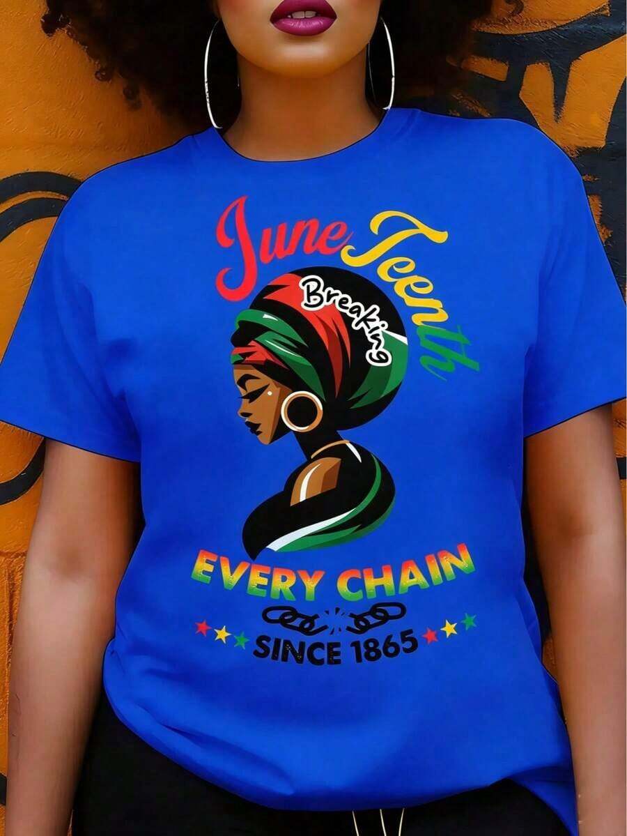 Camiseta Gráfica de Juneteenth para Mujer - Diseño "Rompamos Cada Cadena Desde 1865", Estampado Geométrico Vibrante, Manga Corta, 100% Algodón, Corte Regular para Primavera, Verano y Uso Durante Todo el Año - Regalo Ideal de Juneteenth para Amigas y Familiares, Camisetas para Mujer de Corte Holgado, Estilo Urbano, Unisex, para Primavera/Verano/Otoño, Atuendo para el Día de San Valentín, Camisetas Elegantes para Mujer - Camiseta Vintage de Estilo Urbano Unisex, de Algodón, Manga Corta y Cuello Redondo. - Azul - Ver 1