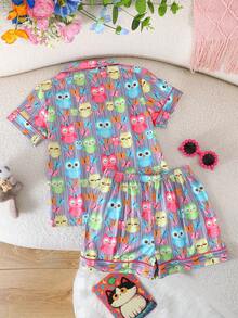 2pcs Kids Pajama Set, Cute Owl Cartoon Print Pattern, 2026 Fashion Lapel Cardigan Homewear Set, Flame Retardant Knit Stretch Fabric, Girls Older Kids, Short Sleeve Top & Shorts, Casual Sleepwear, Suitable For All Seasons - Mauve Purple - View 9