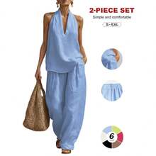 2026 Sexy Halter Backless Two Piece Set, V-Neck Top & High Waist Wide Leg Pants, Summer Boho Beach, Long Sleeve, Loose-Fit - Xanh đậm - Xem 17