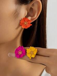 3 Pairs Cute, Delicate, Vibrant Dopamine Floral Stud Earrings For Women, Can Be Worn Individually Or Mixed And Matched, Versatile For Daily Wear/Gift - Multicolor - View 3