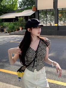 Plaid Sleeveless Shirt Women, Summer Cropped Tank Top Design, V-Neck Blouse - Picture Color - View 4