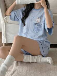 DAZY 休闲简约两件套兔子印花短袖上衣和短裤家居服套装，是母亲节、情人节和新年礼物的理想之选，春夏两季皆宜，清爽浅蓝色 - 藍色 - 查看 1