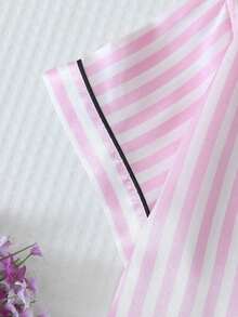 2-Piece Satin-Trimmed Short-Sleeve Top And Bow-Tie Striped Shorts Pajama Set, Women's Summer Home Wear Pajamas, Casual - 粉色 - 查看 5