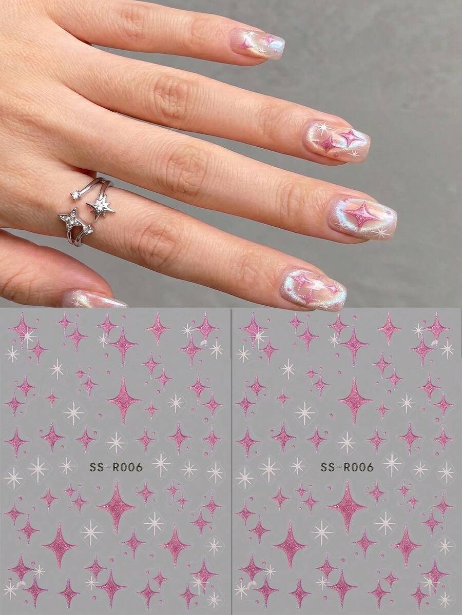 QIANJIKU 2片装5D闪光十字星美甲贴纸 - 梦幻粉色闪光星空美甲贴 - 适合春夏、音乐节、生日派对、日常佩戴、DIY美甲装饰
