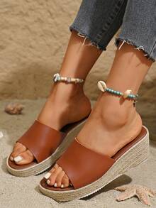 Women's Classic Fashion Casual Elegant Comfortable Beach Resort Beach Bohemian Versatile Lightweight Wedge Thick Bottom Woven Hemp Rope Sandals, Multiple Colors Available - Brown - View 6