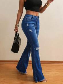 Women's Vintage Distressed Skinny Flare Leg Jeans Spring Casual - Dark Wash - View 5