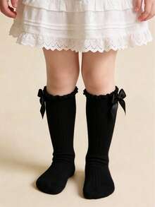 1 Pair Cotton Girls/Toddlers Bow Solid Color Knee High Socks, School Style - Black - View 3