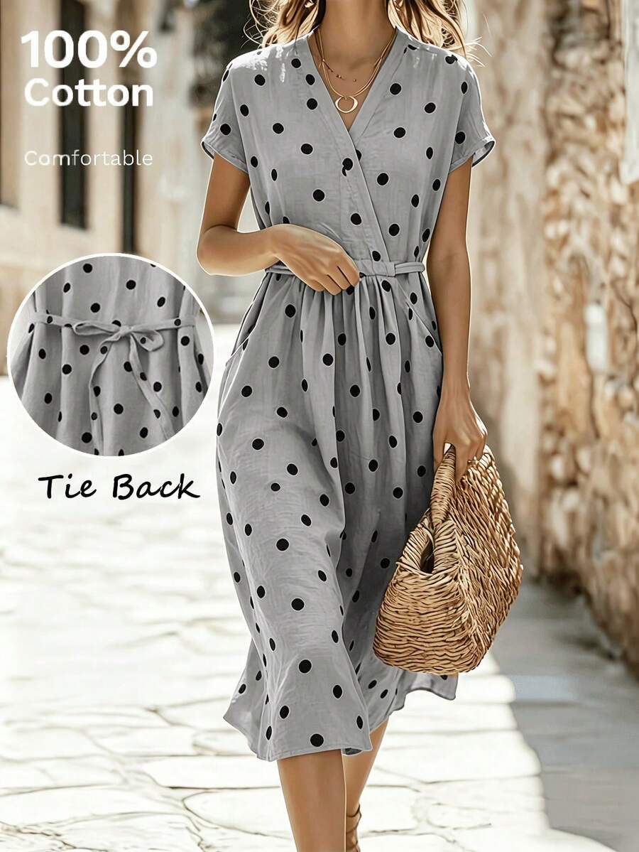 Retro Style Women's Mid-Length Dress, Short Sleeve V-Neck Polka Dot Pattern, With Belt And Pockets, For Casual Or Elegant Look Summer