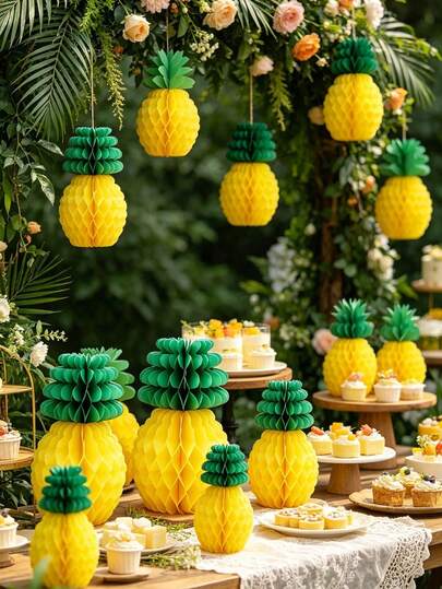 6 pièces Décorations de fête en nid d'abeille Paradis de l'ananas, centres de table suspendus en papier de soie convenant pour les fêtes de plage d'été, les fêtes luau tropicales hawaïennes, les fournitures de fête de la jungle tropicale - Découpes d'ananas légères pour le plafond, les murs, les portes - Décoration suspendue