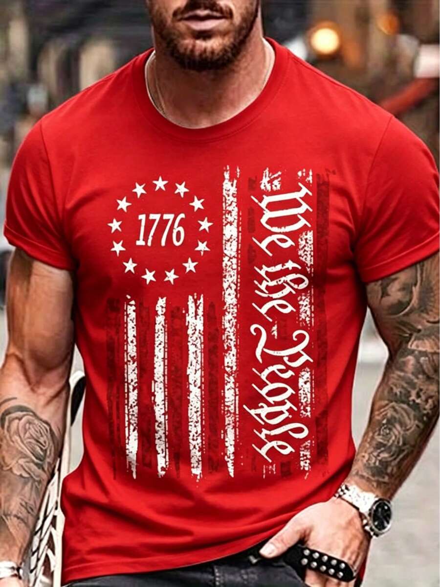 1pc Men'S Cotton Crew Neck-Shirt With Stars And Stripes We People Print, Casual All-Season Short Sleeve Tee With Slight Stretch,Regular Fit For Men Wo - 紅色 - 查看 1