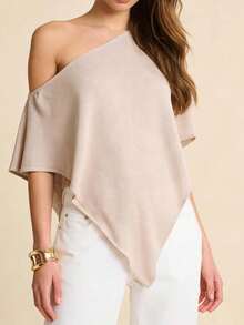 Casual Elegant Asymmetric Knit Top - Off-Shoulder Flowy Solid Color Blouse - Beis - Ver 8