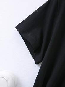 Camiseta manga corta cuello redondo 100% algodón, estampado trendy, tejido ligero y ventilado, estilo moda casual, apta para vida diaria, salidas informales y citas en primavera, verano y otoño - Negro - Ver 4