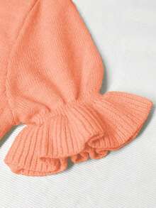 Top de punto de lana holgado y sencillo para mujer de talla grande, manga corta con lazo, cuello redondo y borde con volantes, color liso, colección de primavera y otoño, casual, verano - Naranja Coral - Ver 8