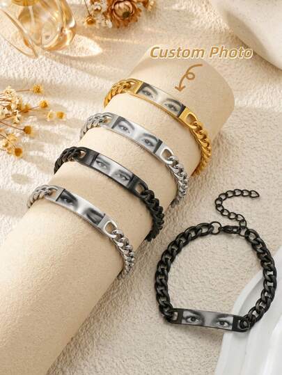 1 pieza Pulsera personalizada con foto de ojos de pareja, pulsera de foto con cadena de eslabones gruesos de acero inoxidable de 6 mm, pulsera de foto personalizada con placa curvada, pulsera unisex de pareja de 19+5 cm, joyería de pulsera de foto personalizada, regalo de pulsera de foto para novio, pulsera de foto personalizada para el Día del Padre, pulsera gruesa de cadena de eslabones para hombre, joyería de pulsera de foto de ojos personalizada para novia, regalo personalizado de cumpleaños