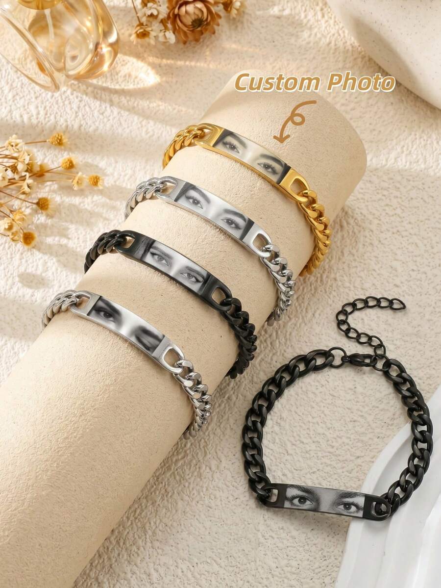 1 chiếc vòng tay ảnh đôi khắc hình mắt theo yêu cầu, vòng tay ảnh bằng thép không gỉ 6mm dạng mắt xích, vòng tay ảnh khắc hình mắt cá nhân hóa, vòng tay ảnh dạng tấm cong theo yêu cầu, vòng tay đôi unisex 19+5cm, trang sức vòng tay ảnh tự làm, quà tặng vòng tay ảnh cho bạn trai, vòng tay ảnh theo yêu cầu cho Ngày của Cha, vòng tay nam dạng mắt xích dày, trang sức vòng tay ảnh mắt theo yêu cầu cho bạn gái, quà tặng sinh nhật theo yêu cầu. - Vòng tay mắt - Xem 1