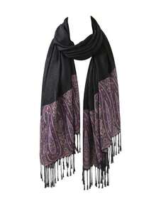 1pc Versatile Fashionable Color Block Fringe Scarf, Warm And Suitable Daily Commuting,School - Màu tím - Xem 8