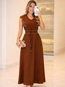 Sensorial Marrante Long Midi Dress, Sleeveless Evangelical Chemise Dress, Solid Marsala Color, For Women, Autumn, Navy Blue - 紅陶 - 查看 4