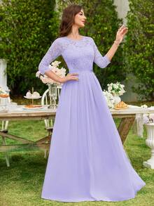 MIUSOL Đầm dạ hội maxi ren hoa chiffon nhún gấu, đầm nữ thanh lịch, đầm dạ hội, cho khách mời đám cưới, lễ tốt nghiệp, tiệc tối - Màu tím hoa cà - Xem 7
