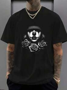 Men's Clown Tattoo T-Shirt, Black Art T-Shirt, 1 Piece Cartoon Graphic Print T-Shirt, 1g Net Weight - 黑色 - 查看 4