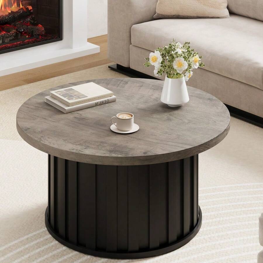 Mesa de centro redonda de diseño acanalado estilo moderno de mediados de siglo – Centro de mesa de 81 cm con base de metal resistente – Mesa auxiliar que ahorra espacio – Ideal para sala de estar, apartamento, espacios pequeños – Gris - Mesa redonda tipo barril - Ver 1