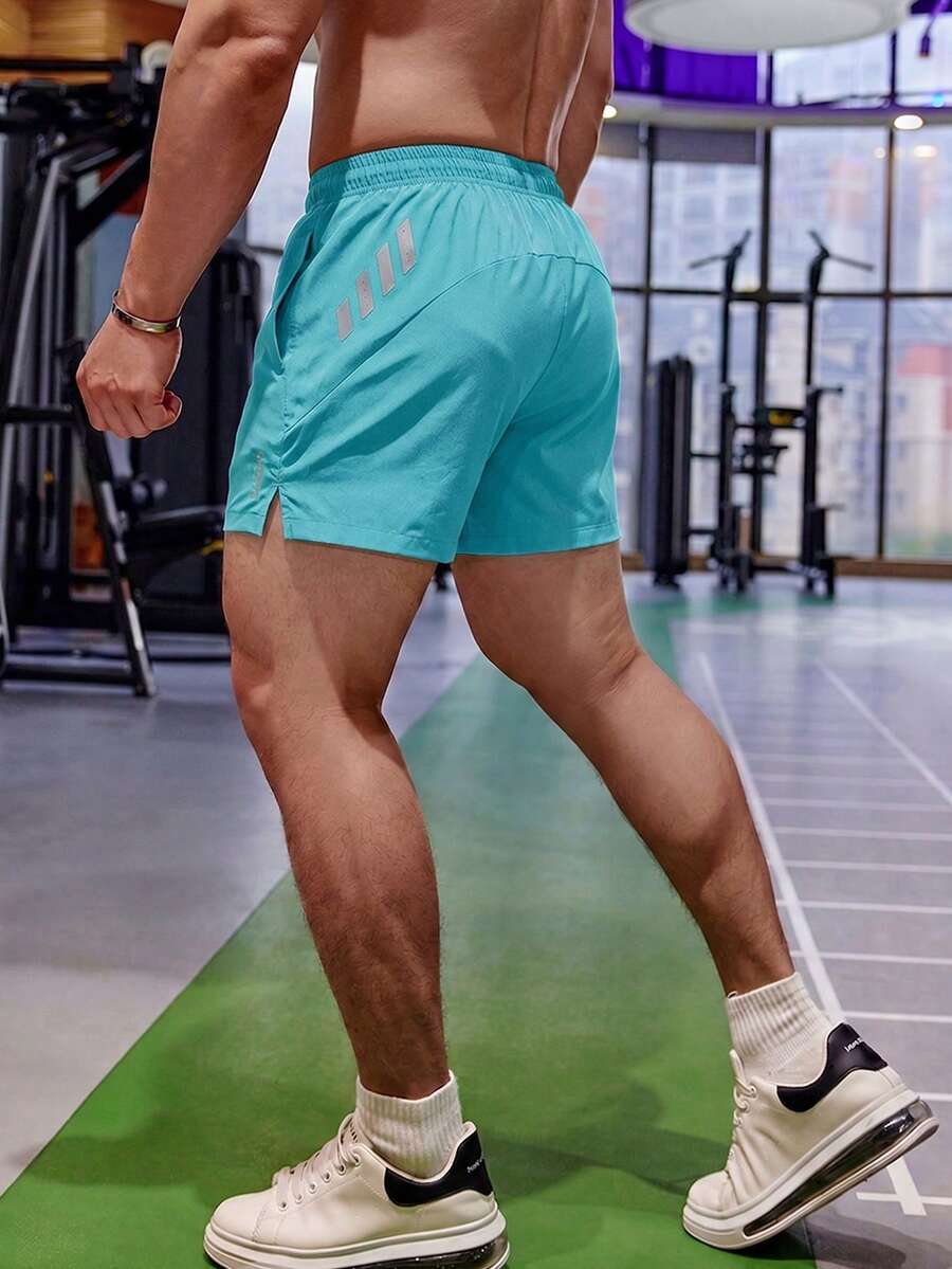 男士休闲运动短裤,夏季户外跑步健身篮球裤,拉链口袋,个性化印花,抽绳腰带,适合户外活动和休闲运动 - 薄荷藍 - 查看 1