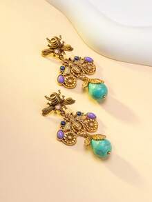 1 Pair Vintage Bee Earrings, Distressed Gold-Tone Jewel Earrings, Bohemian Green Turquoise Teardrop Dangle Earrings, Women Jewelry Gift - Multicolor - View 8