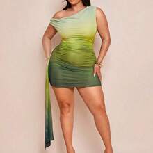 Plus Size Women's Spring Summer Resort Beach Elegant Off-Shoulder Ribbon Green Gradient Mini Dress,Summer Outfits - Naranja - Ver 4