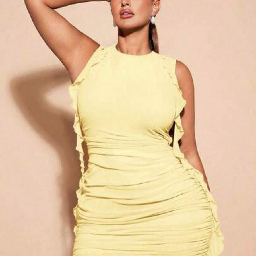 Plus Size Women Elegant Vacation Music Festival Versatile Tie-Dye Bright Color Ruffle Trim Bodycon Mini Dress/Beach Resort/Summer Wear/Mother's Day/Mom/Mother/ Mommy/Mother's Day/Mama/Mum/Mother's Day Gift,Birthday Dresses For Women - Amarillo claro - Ver 1