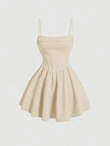 Vestido de tirantes con escote cuadrado para mujer, pliegues en el busto y falda acampanada, perfecto para looks femeninos - Albaricoque - Ver 1