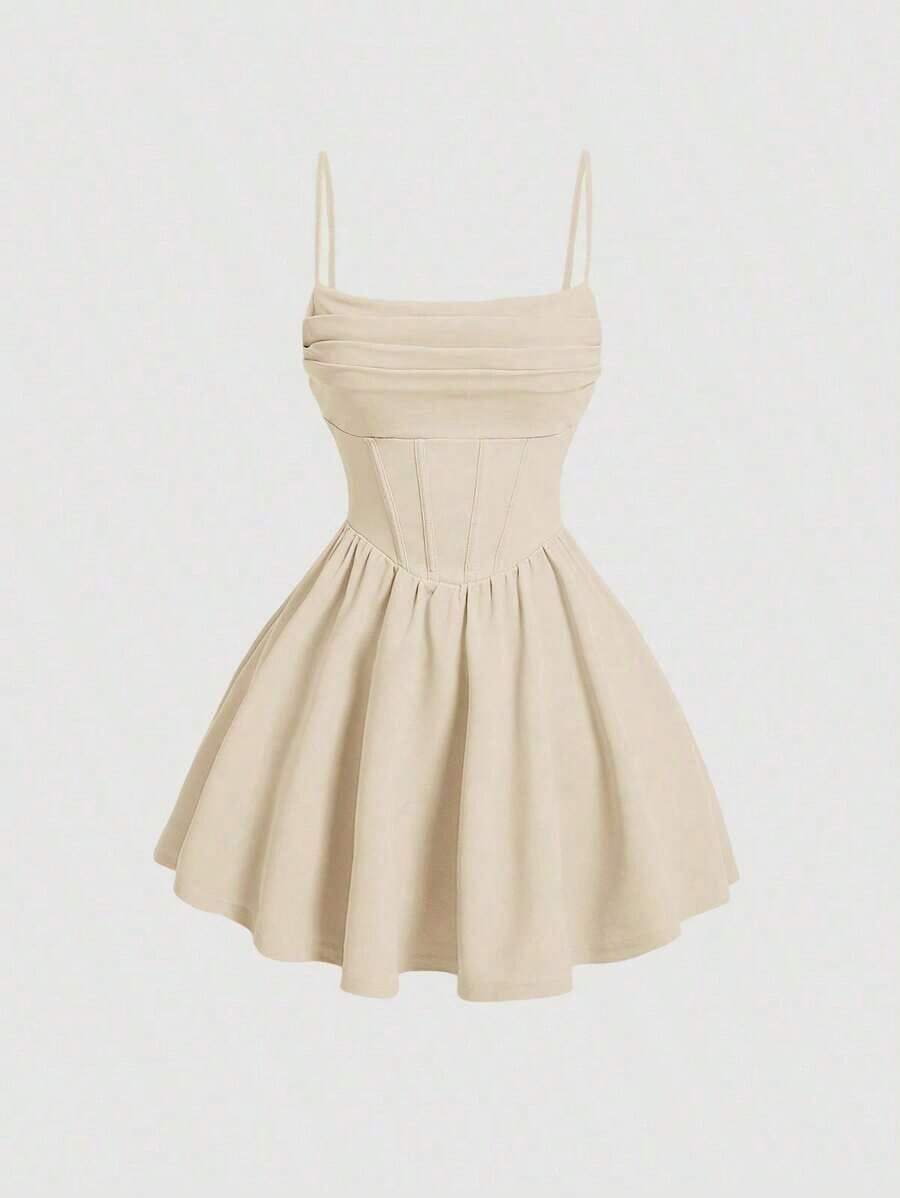 Vestido de tirantes con escote cuadrado para mujer, pliegues en el busto y falda acampanada, perfecto para looks femeninos - Albaricoque - Ver 1