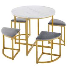 Dining Table And Chair Set, With MDF Tabletop And Gold Iron Frame, Velvet Chairs, Modern And Luxurious Style, Grey - White + Gray - View 5