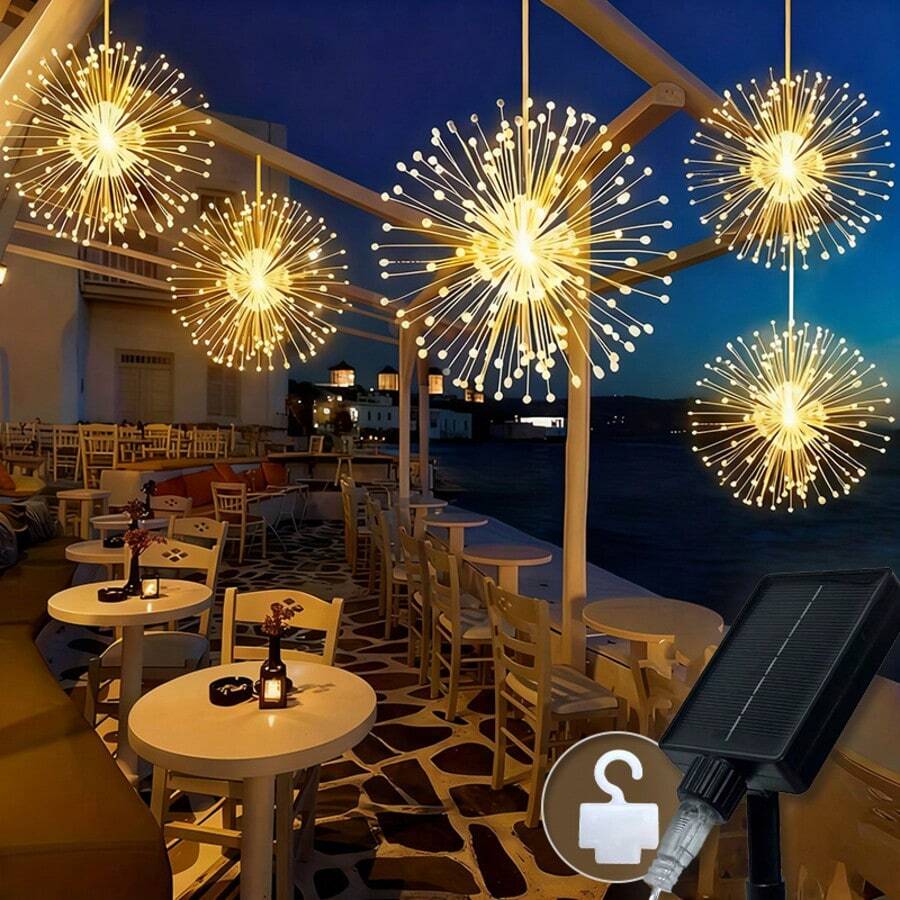 1pc Solar Powered Outdoor Firework Lights, 300/450 LED Fairy String Lights, Warm White/Multi-Color/White, 8 Modes Copper Wire Fairy Lights For Patio, Umbrella, Eaves, Garden, Tree, Tent, Hotel Decor