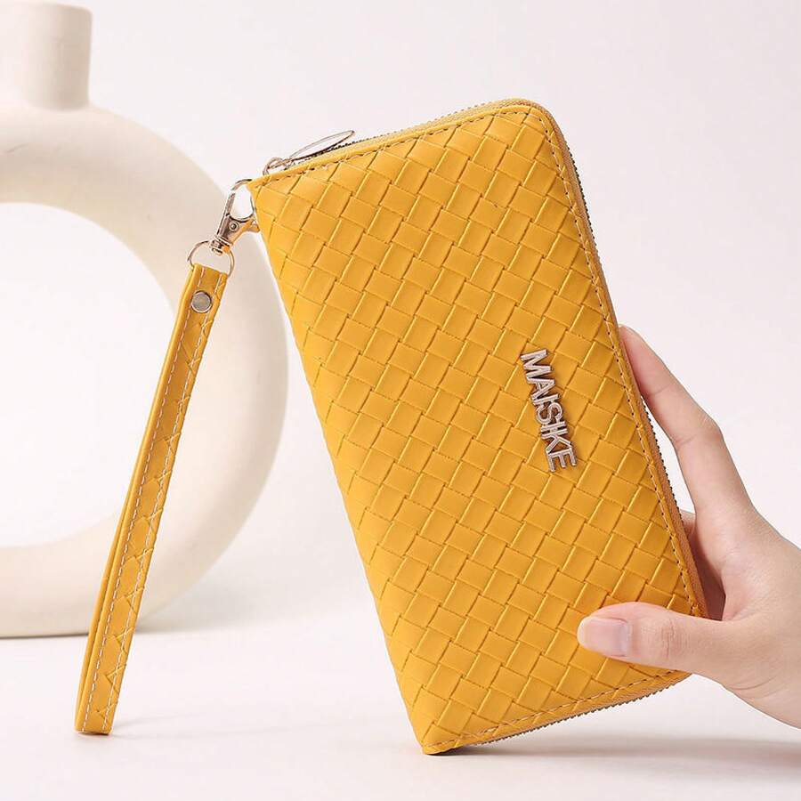 Long-Style Fashionable Zippered Multifunctional Large-Capacity Wallet Woven Card Holder Clutch Bag - Yellow - View 1