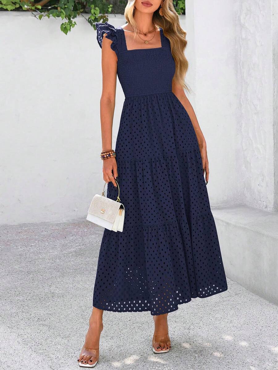Women's Summer Square Collar Long Dress With Sleeve Cap Hole Eye Ruffles Layered A-Line Casual Vacation Long Skirt With Pockets - Navy Blue - View 1