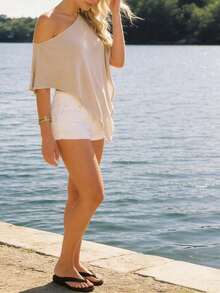 Casual Elegant Asymmetric Knit Top - Off-Shoulder Flowy Solid Color Blouse - Beis - Ver 5