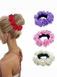 Romantic Rose Hair Scrunchie | High Elastic Fabric Hair Tie, Minimalist Elegant Bun Accessory - Multicolor - View 7