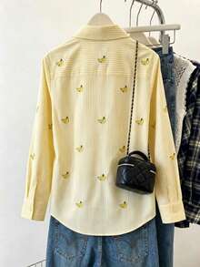 Women's Light Yellow Banana Print Striped Long Sleeve Loose Fashion Holiday Button-Up Shirt, Classic Fit, Suitable For Office And Casual Wear, Spring/Summer - Yellow - View 2