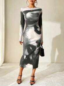 Nuevos vestidos de mujer Clubwear moda de primavera mangas largas Tie-Dye cuello redondo ajustado Maxi vestido negro Sexy señora vestidos elegantes ropa - Negro - Ver 4