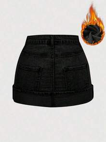 Falda vaquera minimalista y casual de unicolor para mujer - Negro - Ver 2