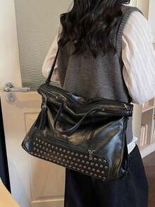 Vintage And Fashionable Large Capacity Commuting Tote Bag With Rivets And Tassels, Versatile - 黑色 - 查看 9